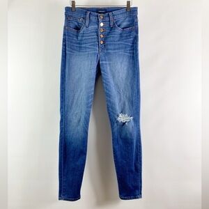 J Crew Button Fly Skinny Distressed Denim High Rise Toothpick Women Jeans Sz 28